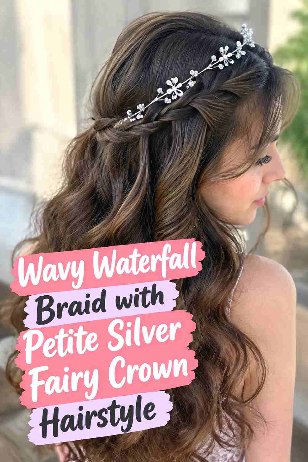 3. Wavy Waterfall Braid With Petite Silver Fairy Crown Hairstyle