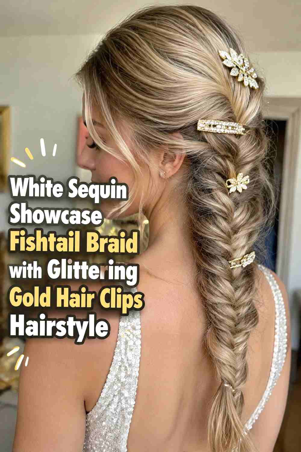 15. White Sequin Showcase Fishtail Braid With Glittering Gold Hair Clips Hairstyle