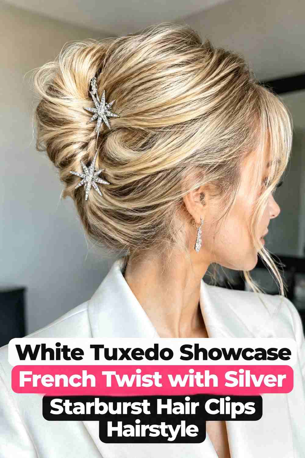 16. White Tuxedo Showcase French Twist With Silver Starburst Hair Clips Hairstyle