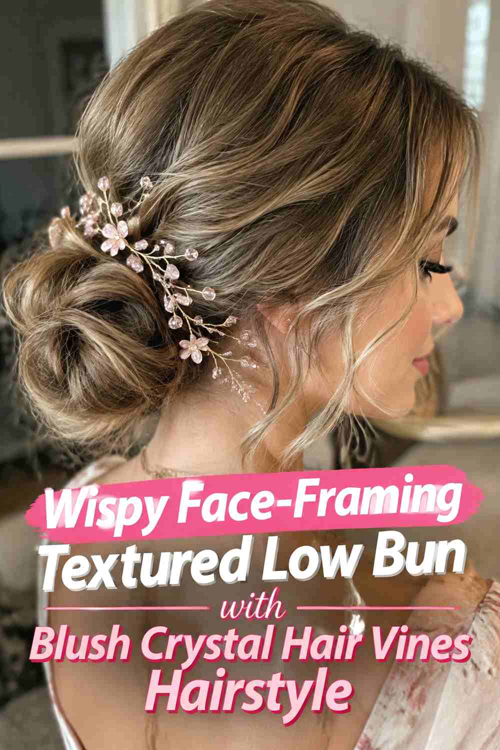 12. Wispy Face Framing Textured Low Bun With Blush Crystal Hair Vines Hairstyle