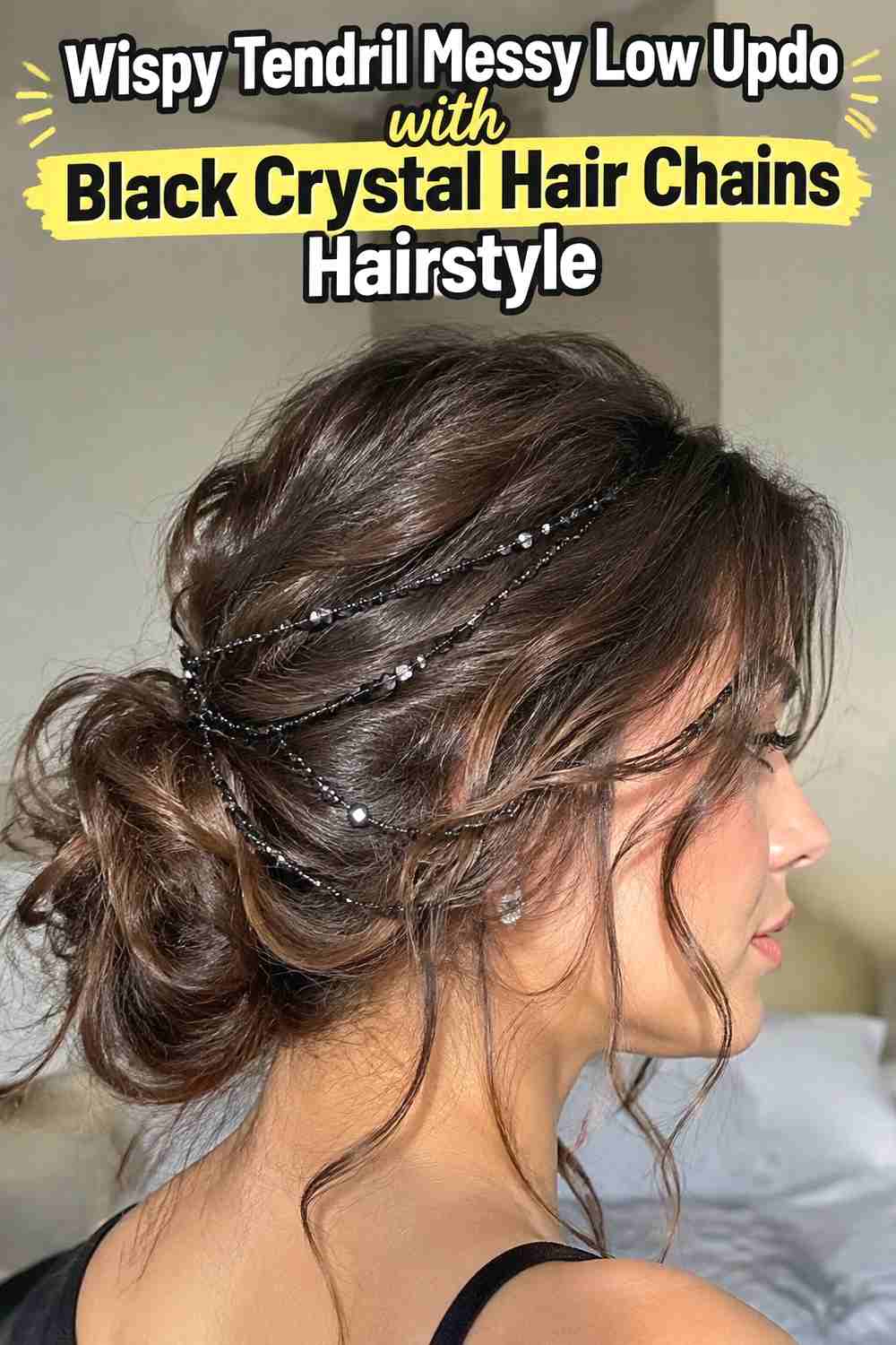 5. Wispy Tendril Messy Low Updo With Black Crystal Hair Chains Hairstyle
