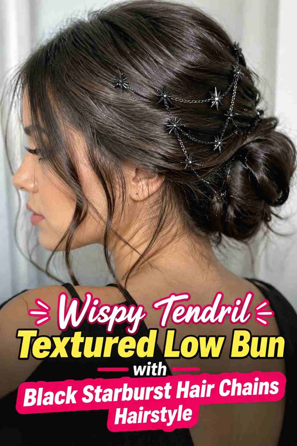 5. Wispy Tendril Textured Low Bun With Black Starburst Hair Chains Hairstyle