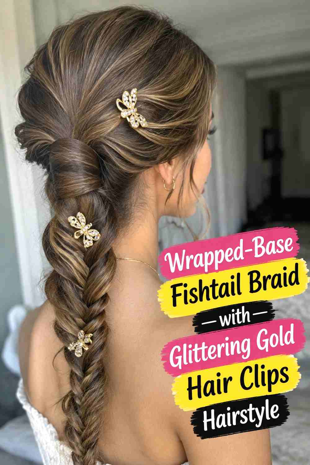 8. Wrapped Base Fishtail Braid With Glittering Gold Hair Clips Hairstyle