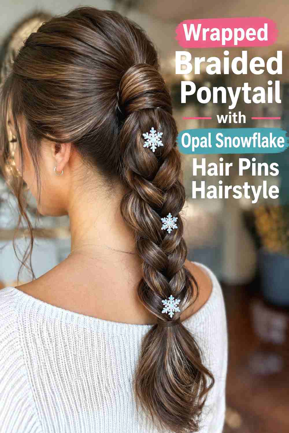 11. Wrapped Braided Ponytail With Opal Snowflake Hair Pins Hairstyle