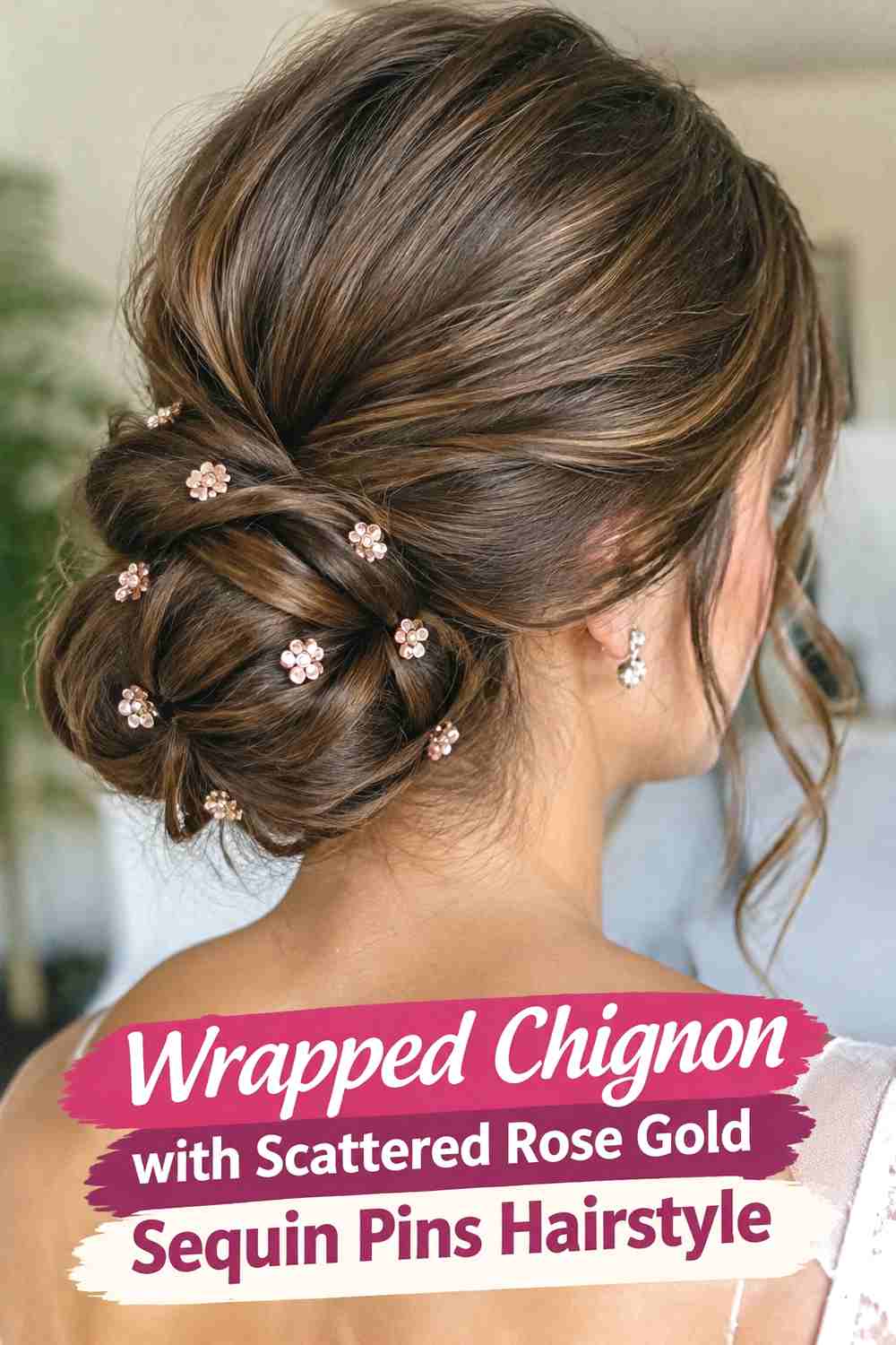 17. Wrapped Chignon With Scattered Rose Gold Sequin Pins Hairstyle