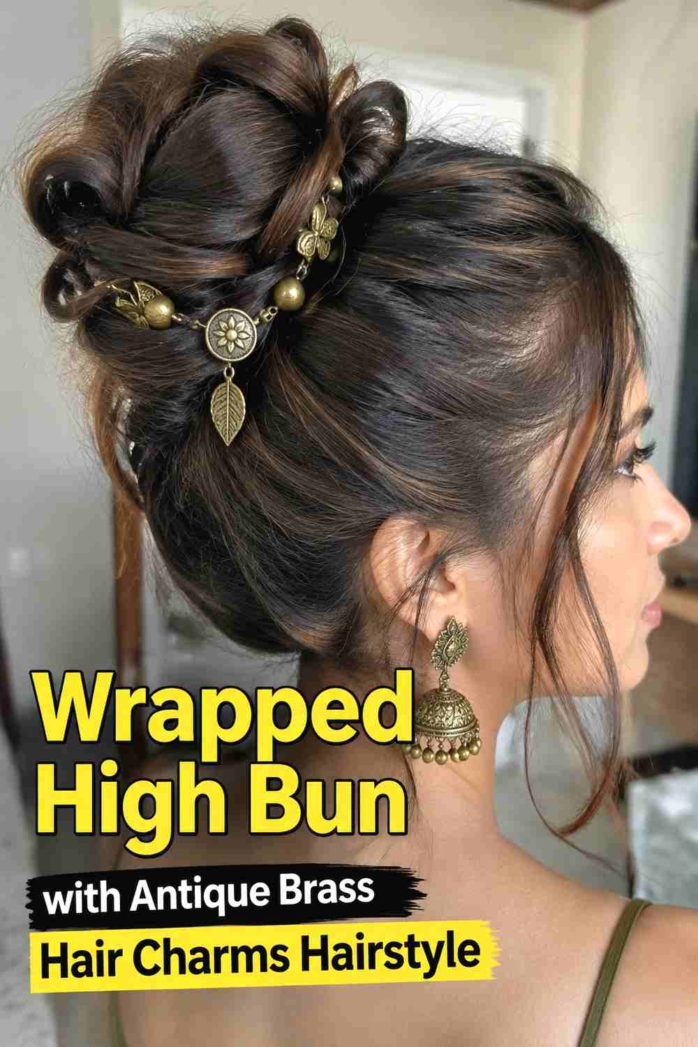 13. Wrapped High Bun With Antique Brass Hair Charms Hairstyle